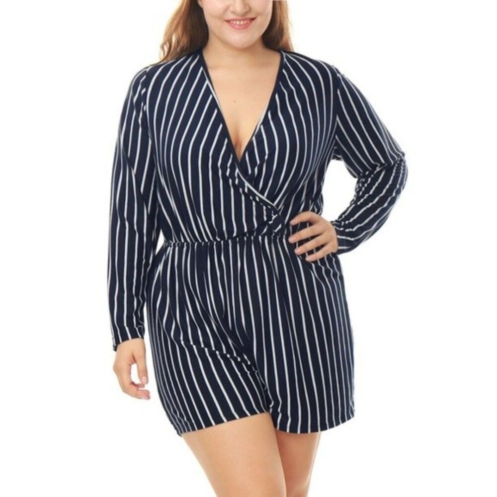 Boho Navy White Stripe Long Sleeve Romper Surplice V Neck Elastic Waist Coastal - Picture 3 of 5